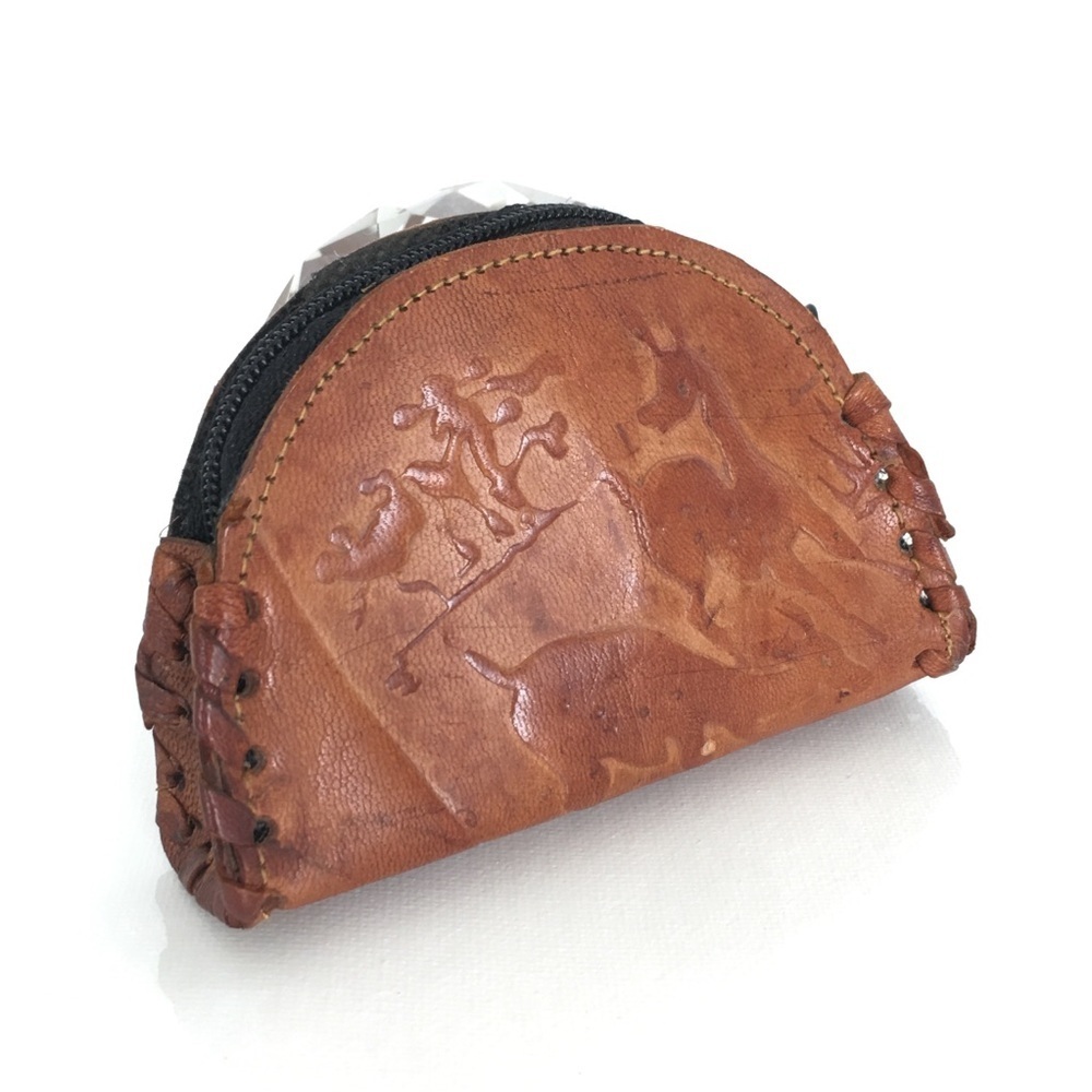 Vintage Mini Hand Tooled Leather Coin Pouch Key Chain Deer Antelope Print